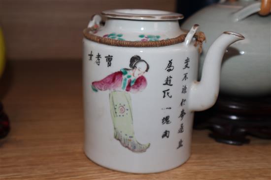 A Chinese famille rose teapot, a yellow glazed bottle vase, and a celadon glazed teapot vase 17cm incl. stand